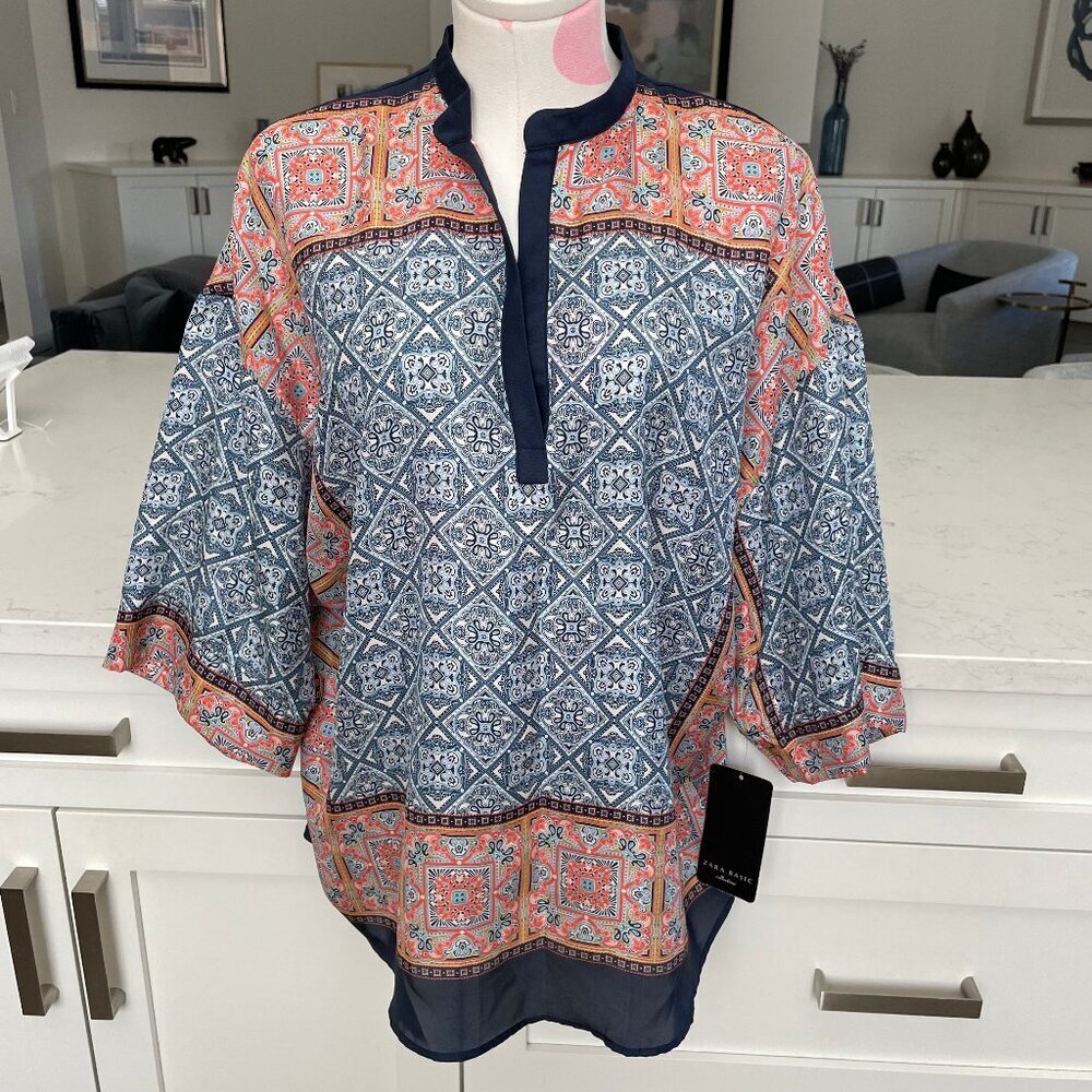Zara Basic Collection Drop Shoulder Oversized Tunic Top Blue Wht Org Sz S NWT